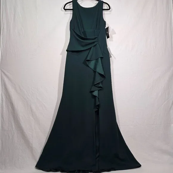 BETSY ADAM "Christine" PINE Scuba Crepe Ruffle Bow Slit Formal Gown Dress Size 8 - Picture 1 of 17